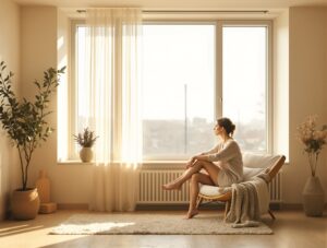 Mujer sentada en un sillón junto a la ventana, momento de reflexión